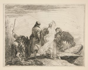 Svatá rodina opouštějící břeh řeky, ze série Idee pittoresche sopra la fuga in Egitto (Útěk do Egypta) od Giovanni Domenico Tiepolo