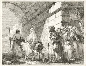 Svatá rodina prochází pod městským obloukem od Giovanni Domenico Tiepolo