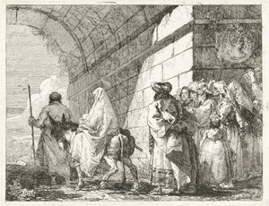 Svatá rodina prochází pod městským obloukem od Giovanni Domenico Tiepolo
