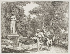 Svatá rodina předává sochu, jejíž hlava padá na zem, deska 22 z Útěk do Egypta od Giovanni Domenico Tiepolo