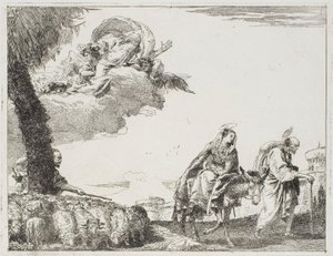 Svatá rodina kráčí podél městské zdi. Vlevo Pastýř se svým stádem a Bohem Otcem, deska osm z Útěk do Egypta od Giovanni Domenico Tiepolo
