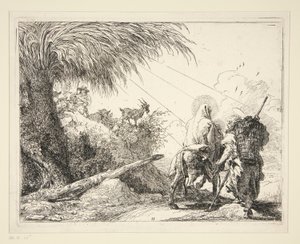 Svatá rodina na skalnaté cestě, ze série Idee pittoresche sulla fuga in Egitto (Útěk do Egypta) od Giovanni Domenico Tiepolo