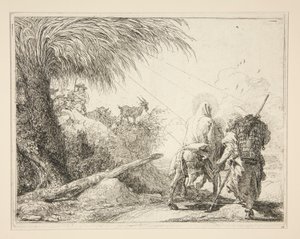 Panna, nasednutá na osla a při pohledu zezadu, ze série Idee pittoresche sopra la fuga in Egitto (Útěk do Egypta) od Giovanni Domenico Tiepolo