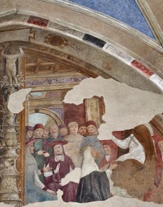 Reprezentace sv. Kateřiny Sienské před papežem Gregoirem XI avignonská freska od Giovanniho Donata da Montorfano (1460-1502) Luneta kaple Bolla, levá loď (sv. Kateřina Sienská před papežem Řehořem XI. v Avignonu) Freska od Giovanni Dona