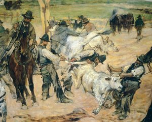 Branding mladých býků v Maremmě, cca 1887, Giovanni Fattori (1825-1908), 86x172 cm, Detail od Giovanni Fattori