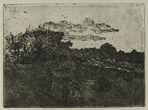 Země při západu slunce s pastevci prasat od Giovanni Fattori