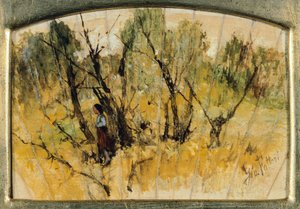 Les s postavou, Studie vějíře, Giovanni Fattori, olej, papír na plátně od Giovanni Fattori