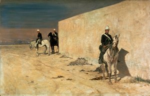 Vyhlídka (Bílá zeď) Jezdci stojící na stráži před bílou zdí v poušti. Obraz Giovanni Fattori (1825-1908)