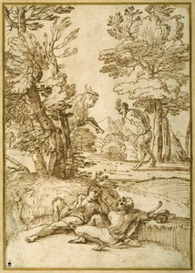 Krajina se dvěma pastýři odpočívajícími, zatímco satyr a koza tančí (pero a inkoust na papíře) od Giovanni Francesco Grimaldi