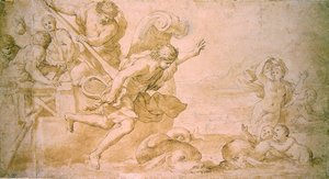 Arion a delfíni (pero a hnědý inkoust a mytí na papíře) od Giovanni Francesco Romanelli