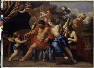 Hercules a Omphale (Hercules a Omphale). Obraz Giovanni Francesco Romanelli (1610-1662), olej na plátně, kolem roku 1650. Italské umění