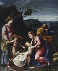 Svatá rodina s mladým Janem Křtitelem a svatou Kateřinou par Penni, Gianfrancesco (1496-1528). Olej na dřevě, rozměr : 115,5x95, ca. 1525, Muzeum Narodowe, Varšava