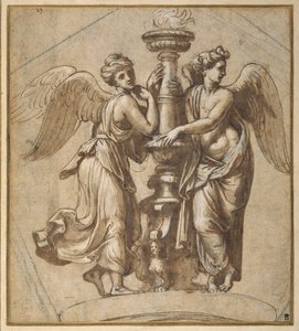 Vítězství objímající svícen (pero a hnědý inkoust s černou křídou na papíře) od Giovanni Francesco (c.1488 1528) Penni