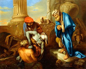 Tobit pohřbíval mrtvé v rozporu s řády Senacheriba, od Giovanni Francesco Castiglione