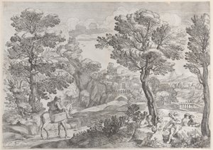 Skupina lidí hrajících karty vpravo a muž na koni vlevo, 1626-80.