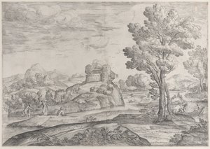 Dům na vrcholu kulaté skály uprostřed, lidé v řece a na kánoích, 1626-80.