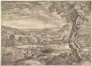 Krajina s cihelnou uprostřed, stojící muž v popředí p..., 1626-80.