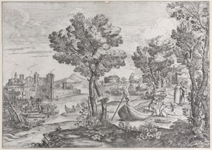 Krajina s mužem držícím hada vyděšenému dítěti, sledovaná módním d..., 1626-80. od Giovanni Francesco Grimaldi