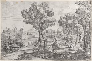 Krajina s mužem držícím hada vyděšenému dítěti, sledovaná módním d..., 1626-80. od Giovanni Francesco Grimaldi