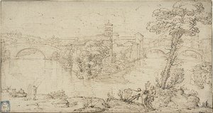 Pohled na Isola Tiberina od Giovanni Francesco Grimaldi