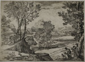 Žena, její dítě a stojící muž v krajině od Giovanni Francesco Grimaldi