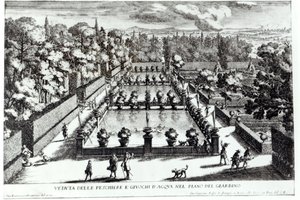 Rybníky ve Villa dEste, Tivoli, z Le Fontane od Giovanniho Battisty Faldy (c.1648-1787), publikoval 1689