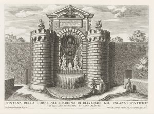 Fontein ve Vaticaanse tuinen Věžová kašna v zahradě Belvedere v Papežském paláci (...) (titul na objektu) Fontány v palácích a zahradách Říma (název série) Fonteinen in de paleizen en tuinen van Rome (název série) od Giovanni Francesco Venturini