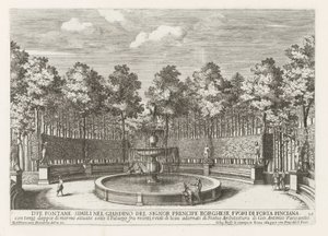 Fontein v de Villa Borghese v Římě Dvě podobné fontány v zahradě Signor prencipe Borghese (...) (název na objektu) Fontány v palácích a zahradách Říma (název série) Fonteinen in de paleizen en tuinen van Rome (název série)