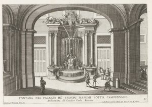 Fontein in de binnenplaats van het Palazzo Massimo di Rignano te Rome Fontána v Palazzo de Signori Massimi pod Campidoglio (název na objektu) Fontány v palácích a zahradách Říma (název série) Fonteinen in de paleizen en tuinen van Rome (vážný od Giovanni Francesco Venturini