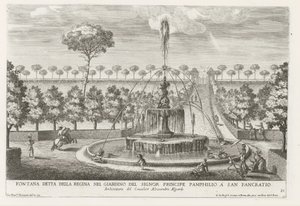 Fontein in de tuinen van Villa Doria Pamphilj te Rome Fontána známá jako královna v zahradě prince Pamphilia v San Pancratio (název na objektu) Fontány v palácích a zahradách Říma (název série) Fonteinen in de paleizen en tuinen v od Giovanni Francesco Venturini