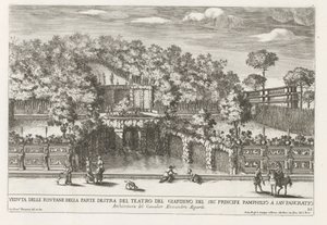Fontein in de tuinen van Villa Doria Pamphilj te Rome Pohled na fontány na pravé straně zahradního divadla (...) (titul na objektu) Fontány v palácích a zahradách Říma (název série) Fonteinen in de paleizen en tuinen van Rome (série od Giovanni Francesco Venturini