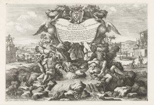 Fontána s věnováním a erbem Livia Odescalchiho Le fontane ne palazzi e ne giardini di Roma (název série) Fontány v palácích a zahradách Říma (název série) od Giovanni Francesco Venturini