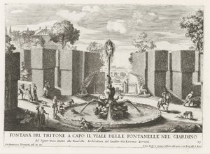Fontein se setkal s tritonem v de tuinen van de Villa Celimontana te Rome Tritonova fontána v čele aleje fontán v zahradě (...) (nadpis na objektu) Fontány v palácích a zahradách Říma (název série) Fonteinen in de paleizen en tuinen van od Giovanni Francesco Venturini