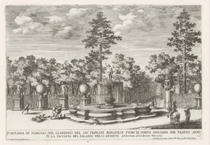 Fontein van Narcissus v de Villa Borghese te Rome Narcisova fontána v zahradě pana Principe Borghese (...) (název na objektu) Fontány v palácích a zahradách Říma (název série) Fonteinen in de paleizen en tuinen van Rome (název série) od Giovanni Francesco Venturini