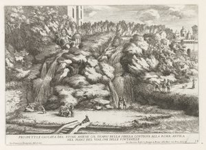 Landschap met cascade en Tempel van de Tiburtijnse Sibille te Tivoli Prospetto e cascata del fiume aniene col tempio della sibilla (...) (title on object) Le fontane del giardino Estense in Tivoli (series title) Fonteinen in de tuinen van Villa d
