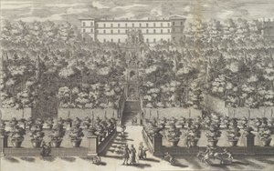 Pohled na palác ze zahradního patra s fontánami ..., 1691 nebo později.