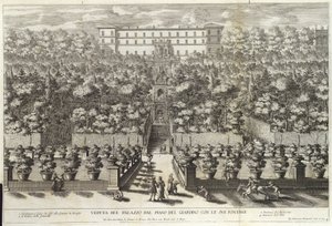 Pohled na palác ze zahradního patra s fontánami, z hospody La Fontane. c 1691