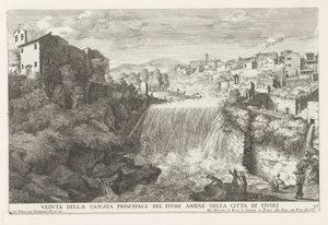 Waterval v rivier de Aniene v Tivoli Pohled na hlavní vodopád řeky Aniene ve městě Tivoli (název na objektu) Fontány zahrady Estense v Tivoli (název série) Fonteinen in de tuinen van Villa d