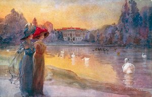 Milán / Milán: Veřejné zahrady a Villa Reale (barevná litografie)