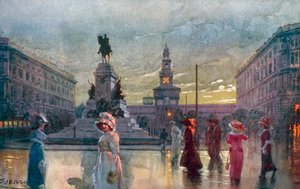 Milán / Milan: Largo Cairoli a Monum, in Garibaldi (barevná litografie)