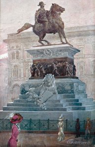 Milán / Milan: Pomník Viktora Emanuela II. (barevná litografie)