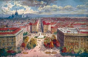 Milano / Milán: Panorama z hradu (barevná litografie)
