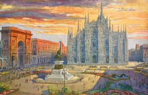 Milano / Milán: Piazza del Duomo (barevná litografie)
