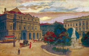 Milano / Milán: Piazza a Teatro della Scala (barevná litografie)