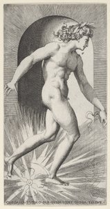 Deska 11: Apollo jedoucí na svém voze ve výklenku, otočený vpravo, ze série mythologica..., 1526. od Giovanni Jacopo Caraglio