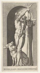 Deska 7: Pluto ve výklenku, držící bident, s Cerberem vedle něj, ze série m..., 1526. od Giovanni Jacopo Caraglio