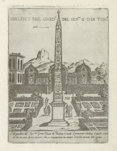 Egyptský obelisk v zahradě vily Medici v Římě Obelisco nel giard.o del ser.mo G. D. Di Tosc.a (název na objektu) Moderní a starověké památky a budovy v Římě (název série) Ornamenti di fabriche antichi and moderni dell