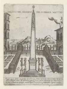 Obelisk in de tuin van Ciriaco Mattei Obelisk v zahradě S ciriaco Mattei (název na objektu) Moderne en antieke monumenten en bouwwerken v Římě (název série) Ozdoby starověkých a moderních budov města alma v Římě (název série) od Giovanni Maggi