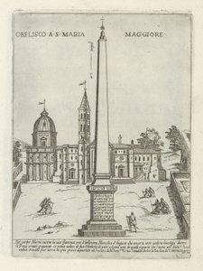 Obelisk voor de Santa Maria Maggiore Obelisk v S. Maria Maggiore (název na objektu) Moderne en antieke monumenten en bouwwerken v Římě (název série) Ozdoby starověkých a moderních budov města alma v Římě (název série) od Giovanni Maggi