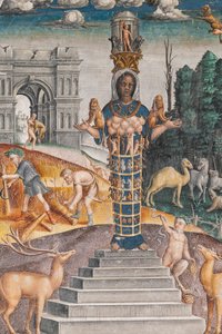 Astrologické znamení Lva s Dianou, dvěma jeleny a satyrem jako na sarkofágu v paláci Bleinhaim; v pozadí Arco degli Argentari v Římě a Herkules bojující proti nemejskému lvu, Komnata zvěrokruhu (Camera dello Zodiaco), detail